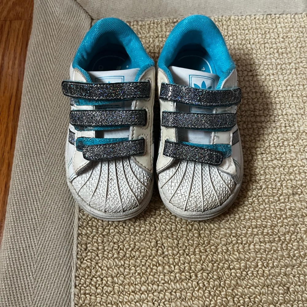 Adidas White and Blue Shell Toe Sneakers with Velcro Straps